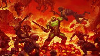 An image of a wallpaper for Doom (2016), featuring Doom Guy fighting off a swarm of hellish spawn. Presumably to heavy metal music.