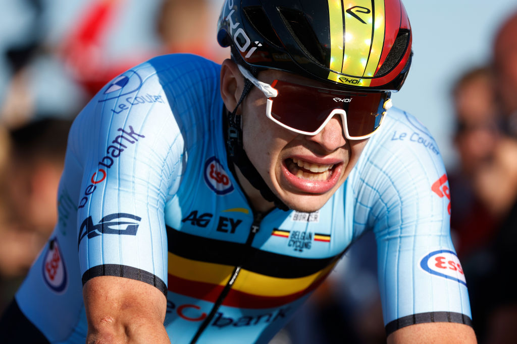 COL DU VAM NETHERLANDS SEPTEMBER 24 Arnaud De Lie of Belgium crosses the finish line during the 29th UEC Road Cycling European Championships 2023 Elite Mens Road Race a 1998km one day race from Assen to Col du VAM UCIWT on September 24 2023 in Col du VAM Netherlands Photo by Bas CzerwinskiGetty Images