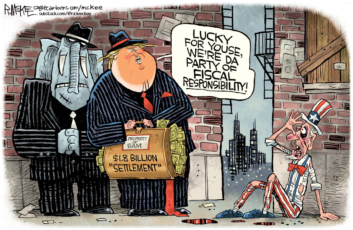 Donald Trump is dressed like a gangster in a pinstripe suit. An elephant henchman is next to him, flexing its muscles. A bloodied Uncle Sam is on the ground and has a black eye, having just been beaten up. Trump holds $1.8 billion of Uncle Sam&amp;rsquo;s money in a suitcase. Trump says, &amp;ldquo;Lucky for youse, we&amp;rsquo;re da party of fiscal responsibility!&amp;rdquo;