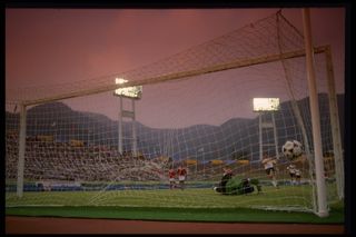 West Germany score a penalty against Tunisia at the 1988 Olympics in Seoul.