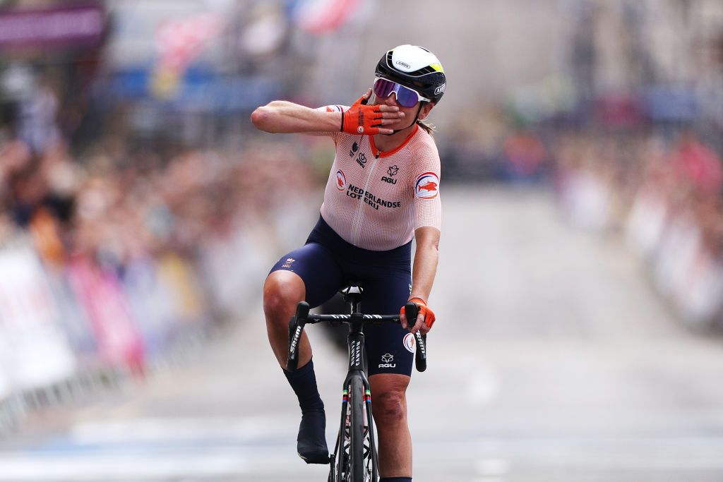 Annemiek Van Vleuten (Netherlands) reacts crossing the finish line in her final world road race of her career