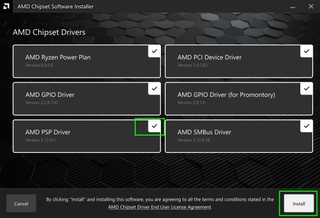 Make sure AMD PSP driver is checked and click install