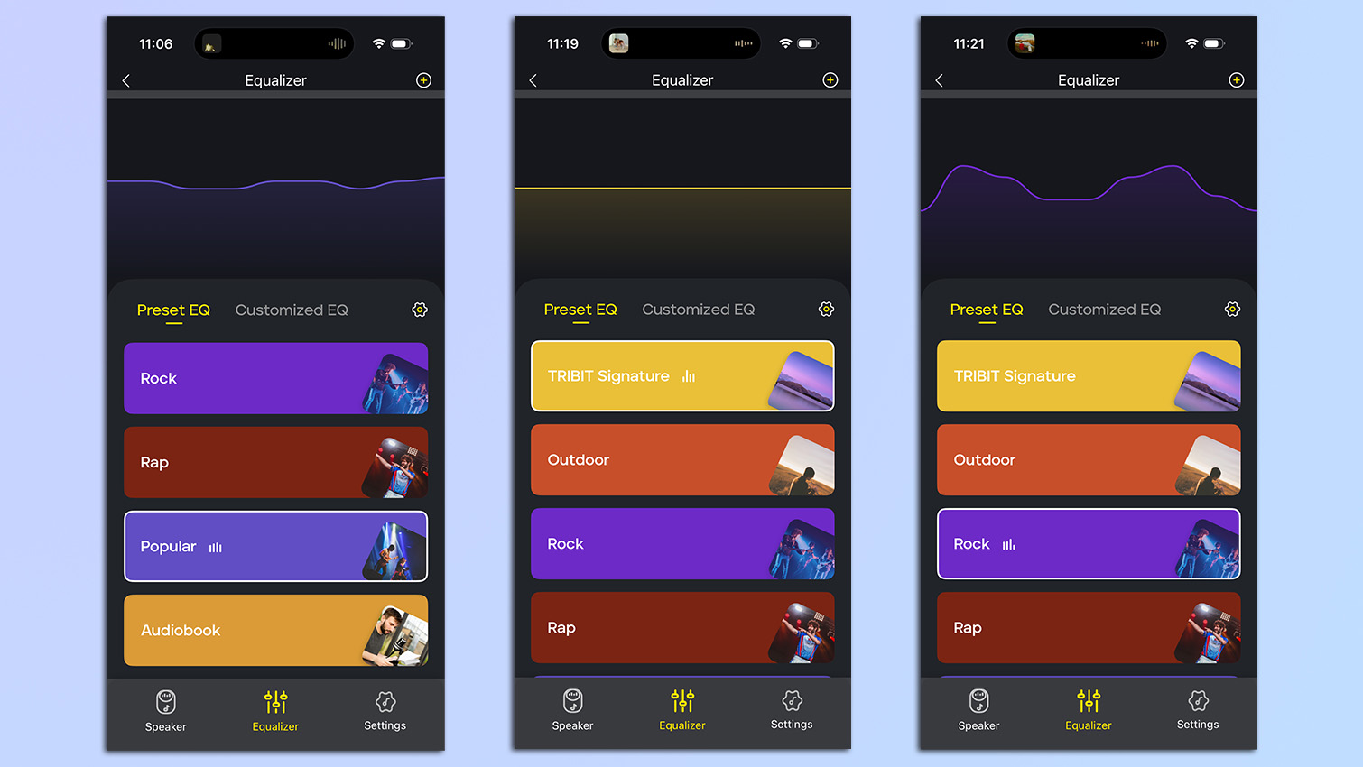 Screenshots from the Tribit app showing various EQ profiles