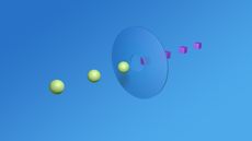 Green balls move through the center of a sphere and turn into purple squares.