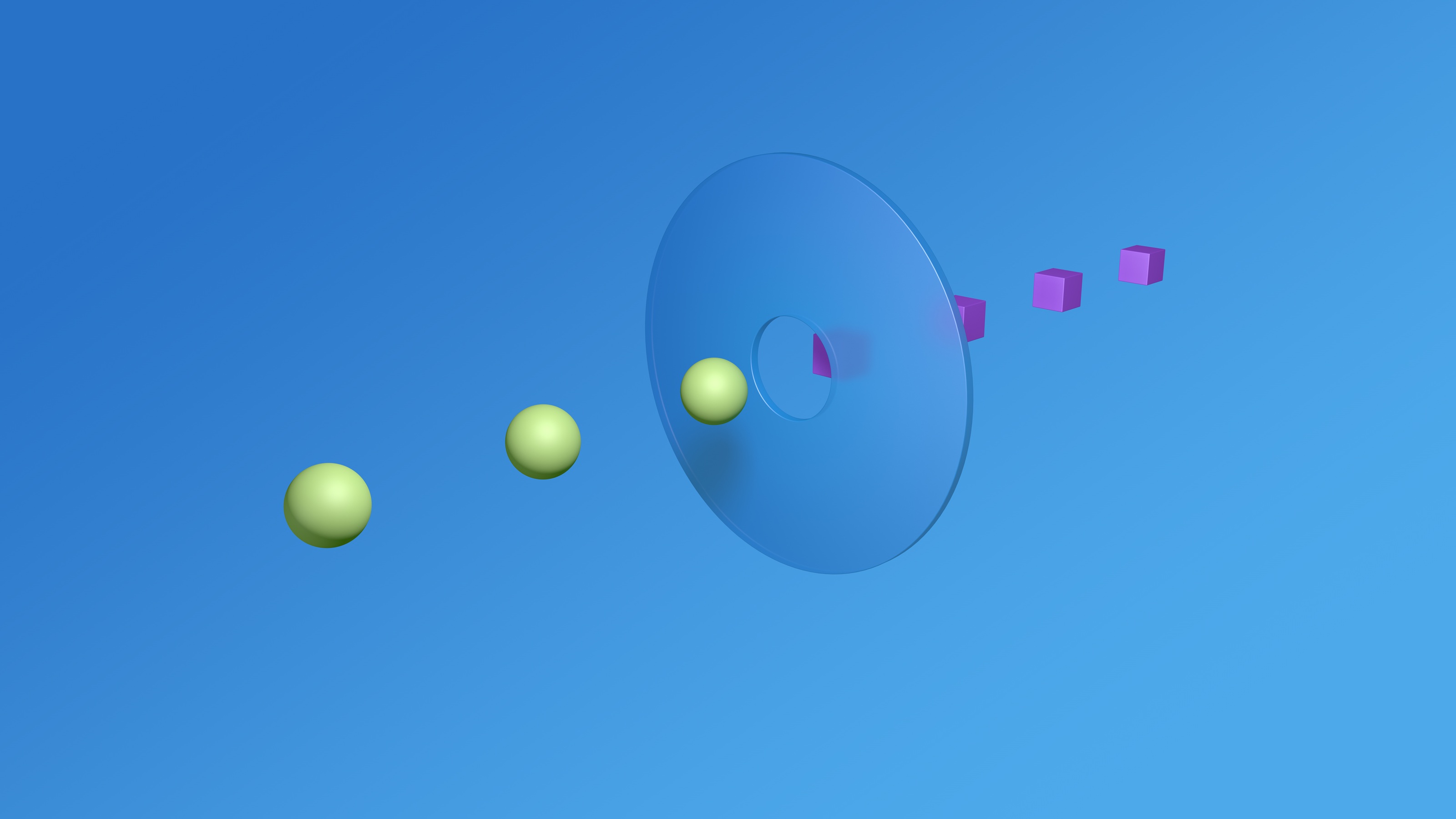 Green balls move through the center of a sphere and turn into purple squares.