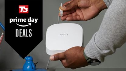 Amazon Eero 6 mesh router with T3 Prime Day deals logo