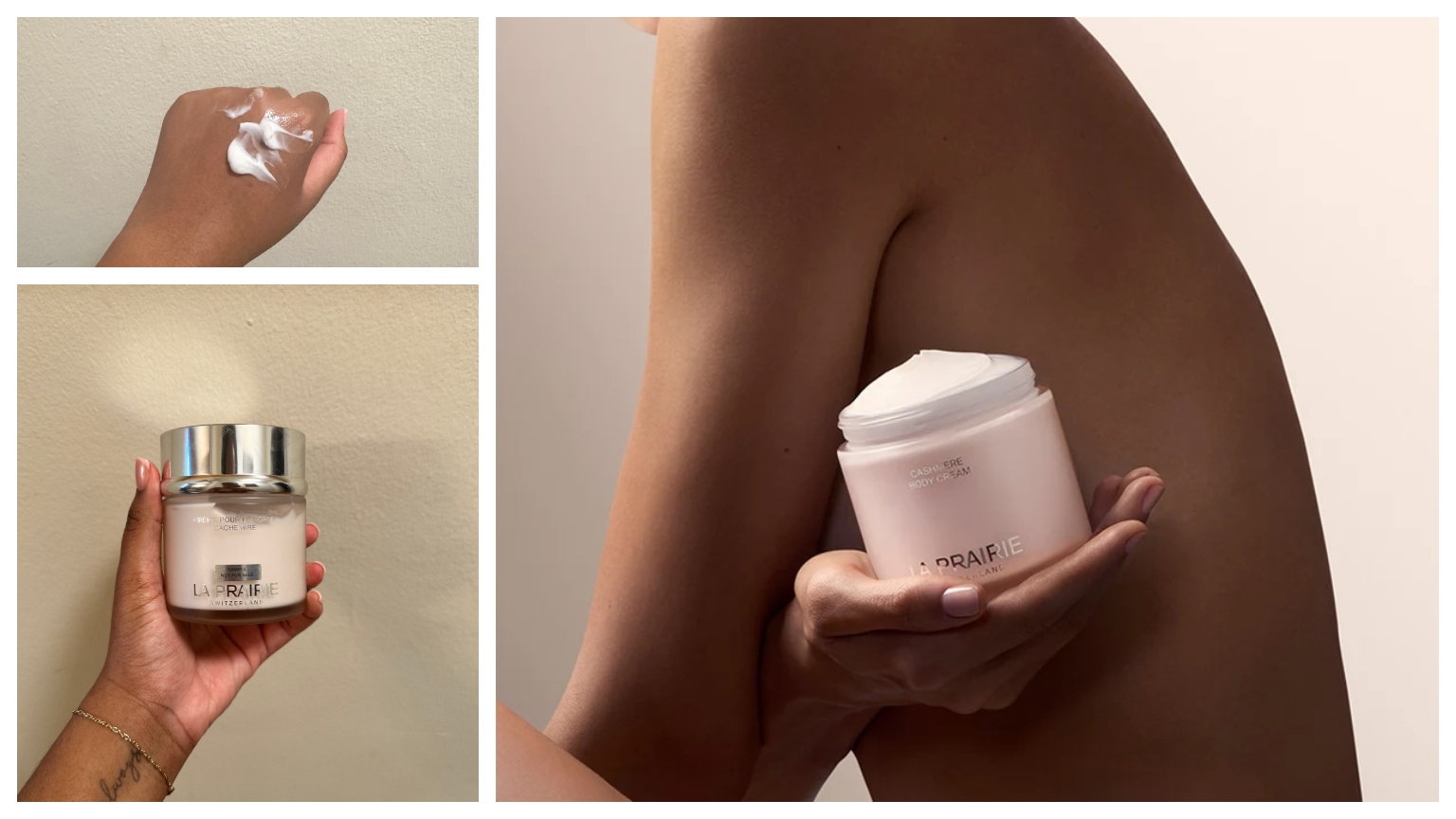 A collage of women testing La Prairie's new Cashmere Body Cream 
