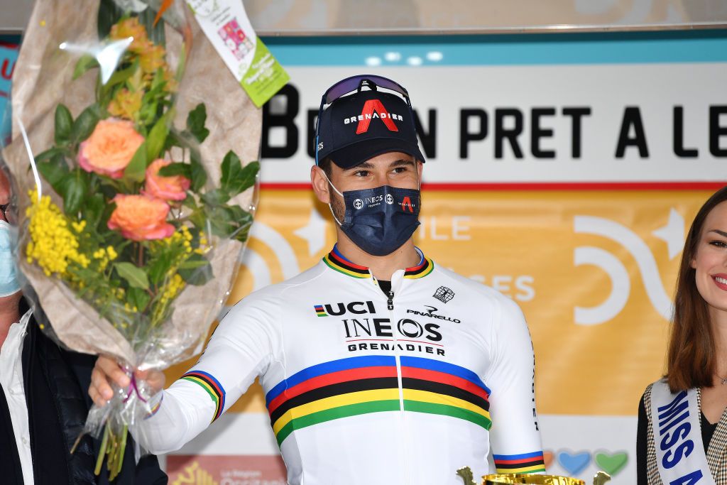 ALES FRANCE FEBRUARY 06 Filippo Ganna of Italy and Team INEOS Grenadiers celebrates winning the at stage on the podium ceremony after the 52nd toile De Bessges Tour Du Gard 2022 Stage 5 a 11km individual time trial from Als to Als lErmitage ITT EDB2022 on February 06 2022 in Als France Photo by Luc ClaessenGetty Images