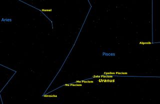 Sunday, October 11, midnight EDT. Find Uranus at opposition by following the chain of stars in Pisces to a spot half way between Zeta and Epsilon Piscium, and a little to the south.
