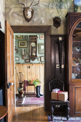 hall with open door in schoolhouse at Christmas