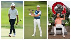 Tommy Fleetwood walking at the 2025 US Open, Viktor Hovland holding the FedEx Cup trophy in 2023 and Rickie Folwer holding the Rocket Mortgage Classic trophy in 2023