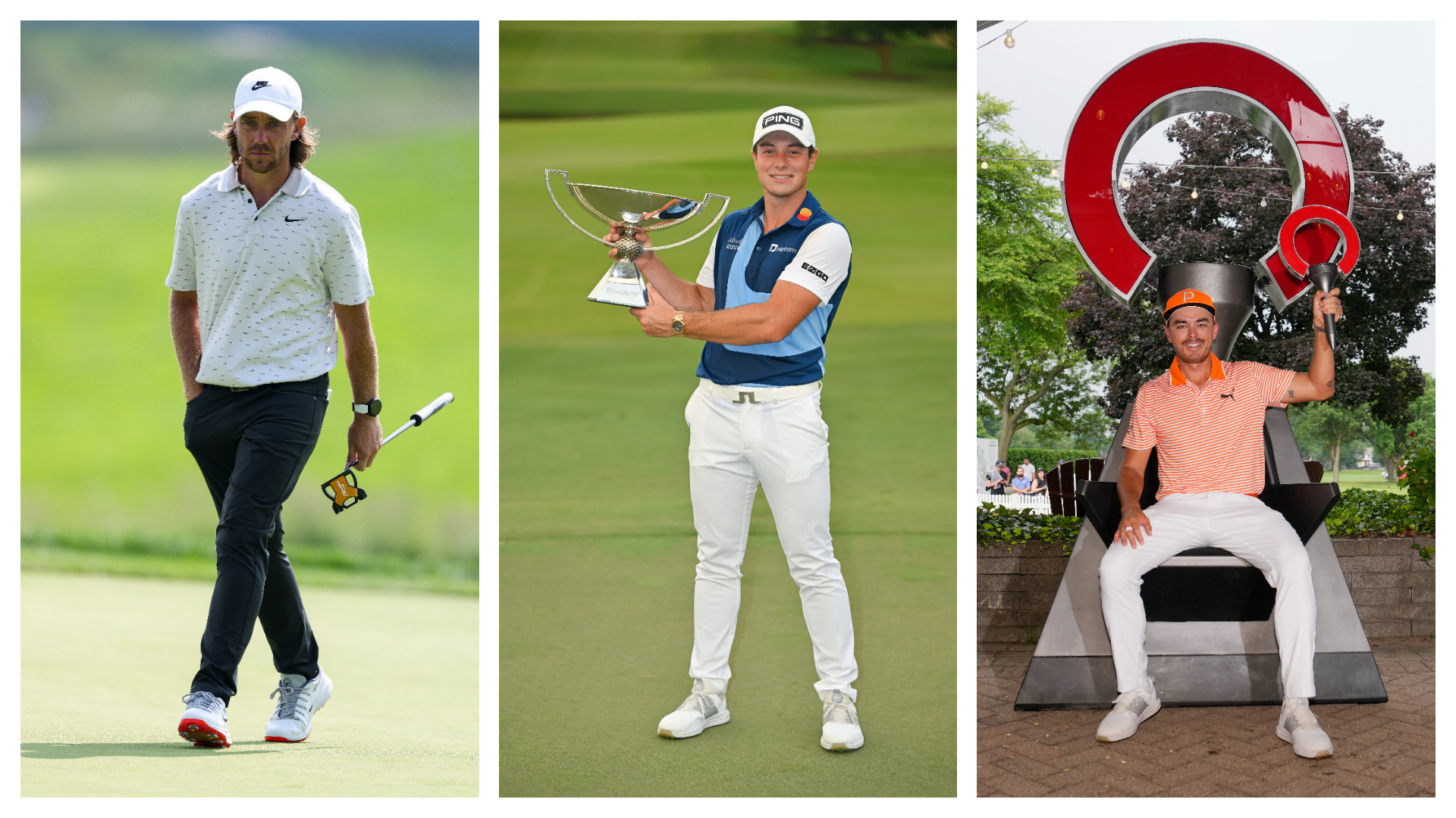 Tommy Fleetwood walking at the 2025 US Open, Viktor Hovland holding the FedEx Cup trophy in 2023 and Rickie Folwer holding the Rocket Mortgage Classic trophy in 2023