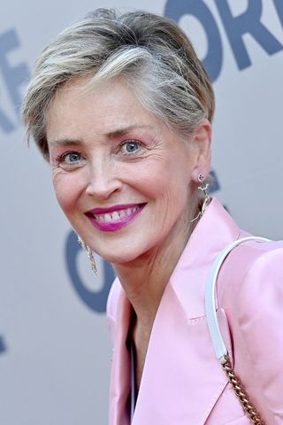 Sharon Stone is pictured with grey hair whilst attending the 2022 CORE Gala hosted by Sean Penn and Ann Lee at Hollywood Palladium on June 10, 2022 in Los Angeles, California.