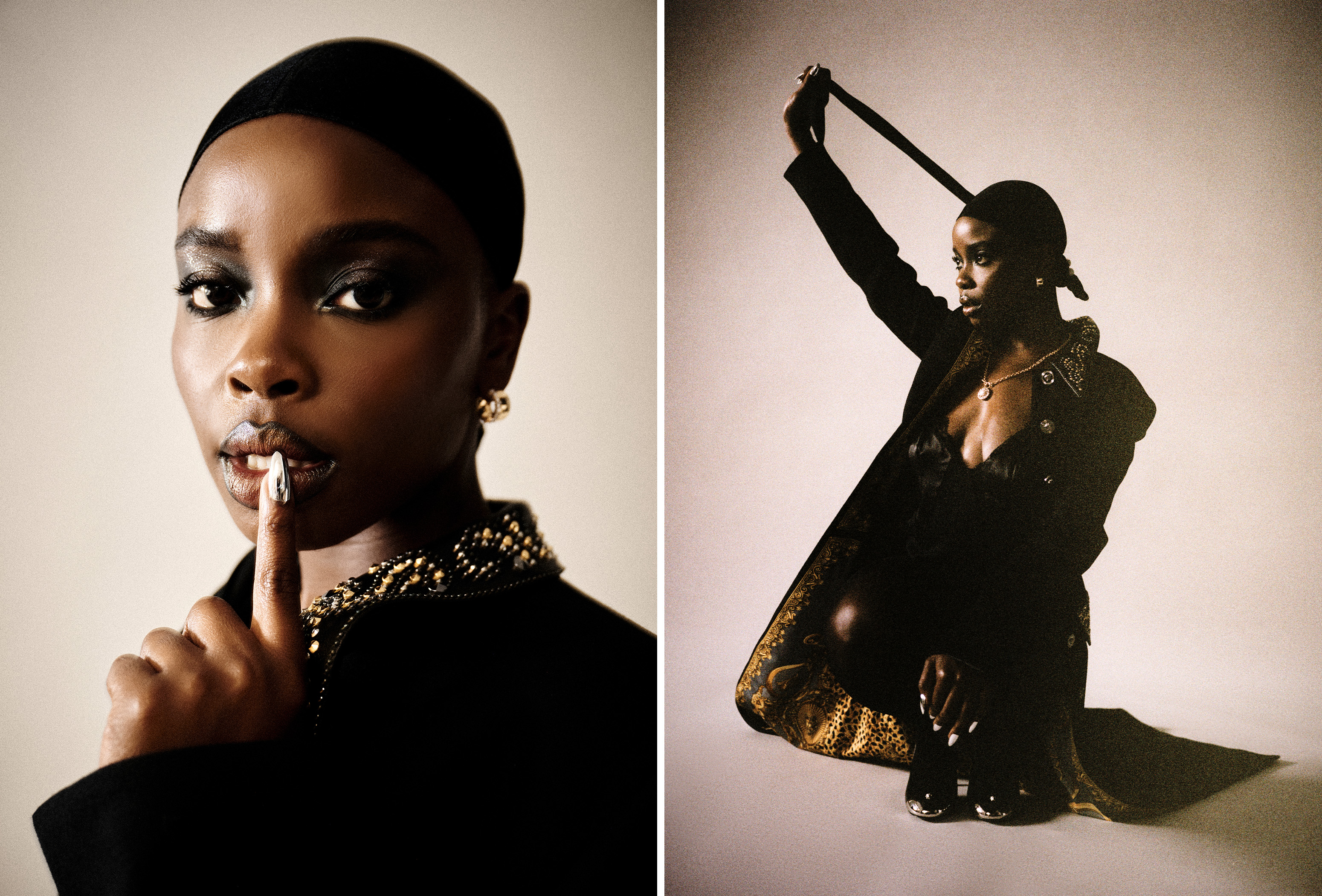 Images of Joy Sunday wearing an embroidered wool coat and jumpsuit by Versace.
