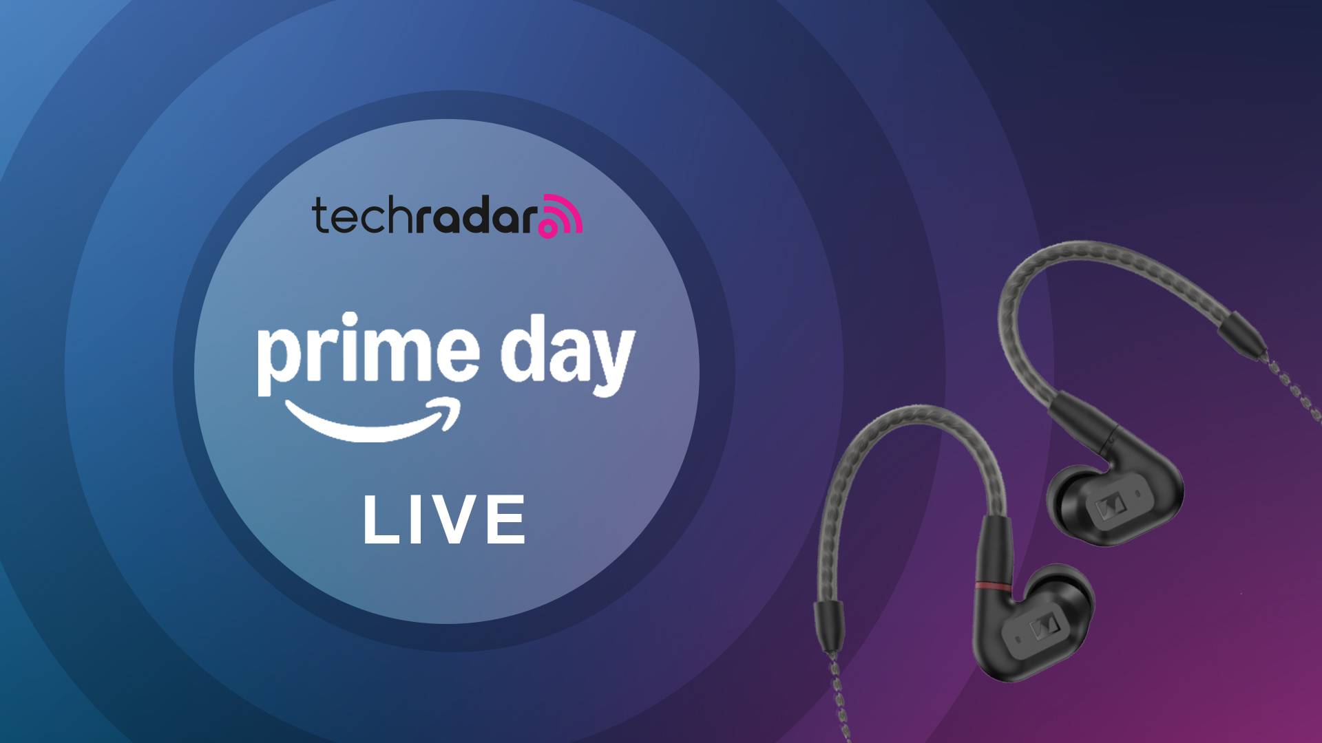 Sennheiser IE 200 on multicolored background with the words &#039;TechRadar: Prime Day Live&#039; on the left side of the image