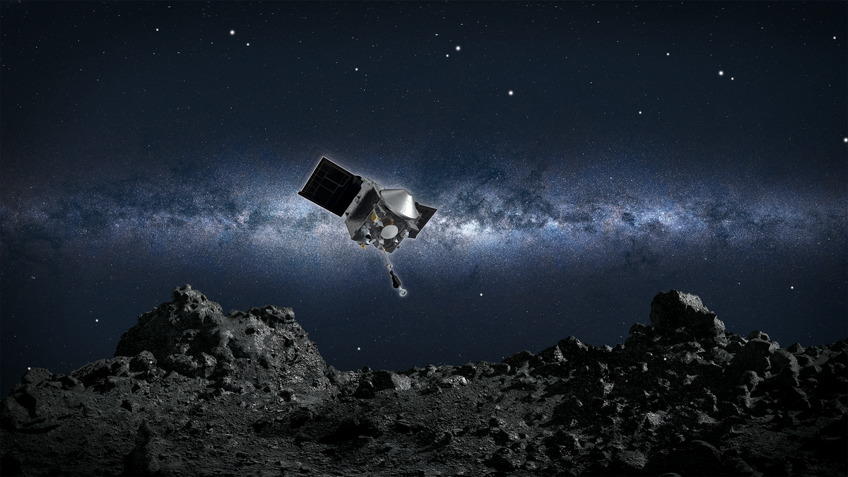 An artist&#039;s depiction of the OSIRIS-REx spacecraft collecting a sample from asteroid Bennu.