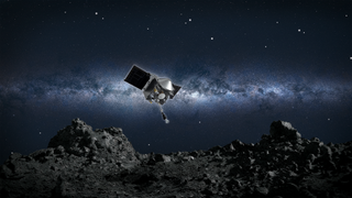 An artist's depiction of the OSIRIS-REx spacecraft collecting a sample from asteroid Bennu.