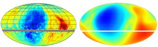 Cosmic ray intensities (left) compared with predictions (right) from NASA's IBEX spacecraft. The similarity between these observations and predictions supports the local galactic magnetic field direction determined from IBEX observations made from particles at vastly lower energies than the cosmic ray observations shown here. The blue area represents regions of lower fluxes of cosmic rays. The gray and white lines separate regions of different energies—lower energies above the lines, high energies below.