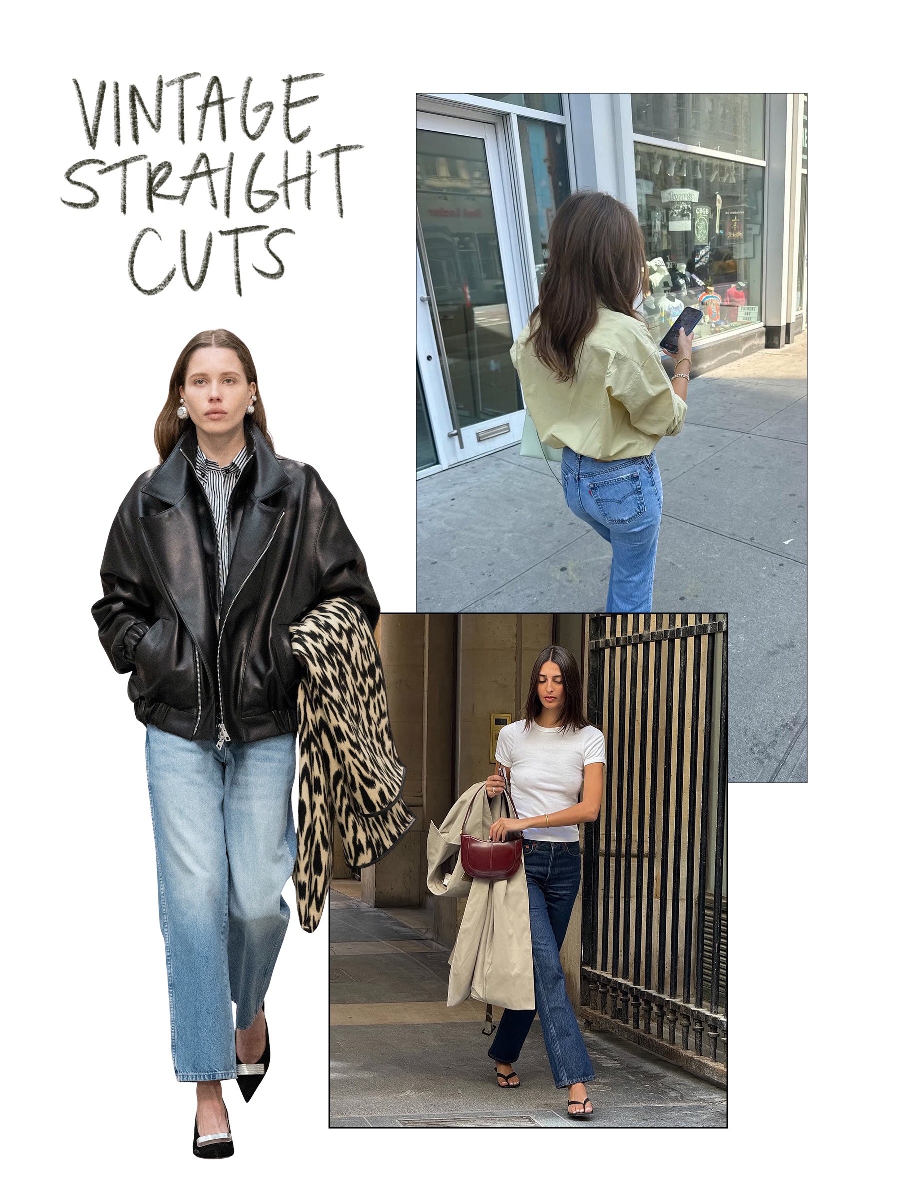 a collage of runway and influencer imagery featuring the major fall 2025 denim trends