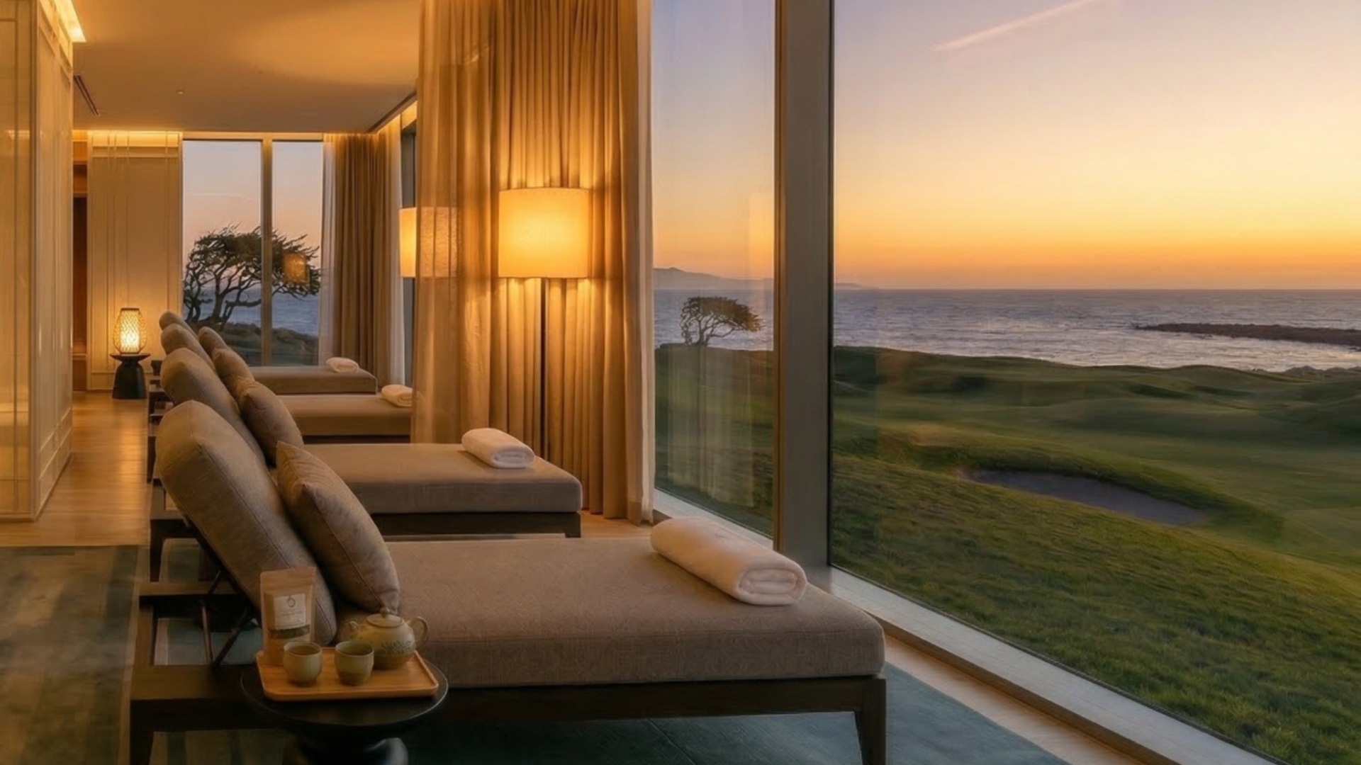 Spa beds in front of a window overlooking a golf course and the sea