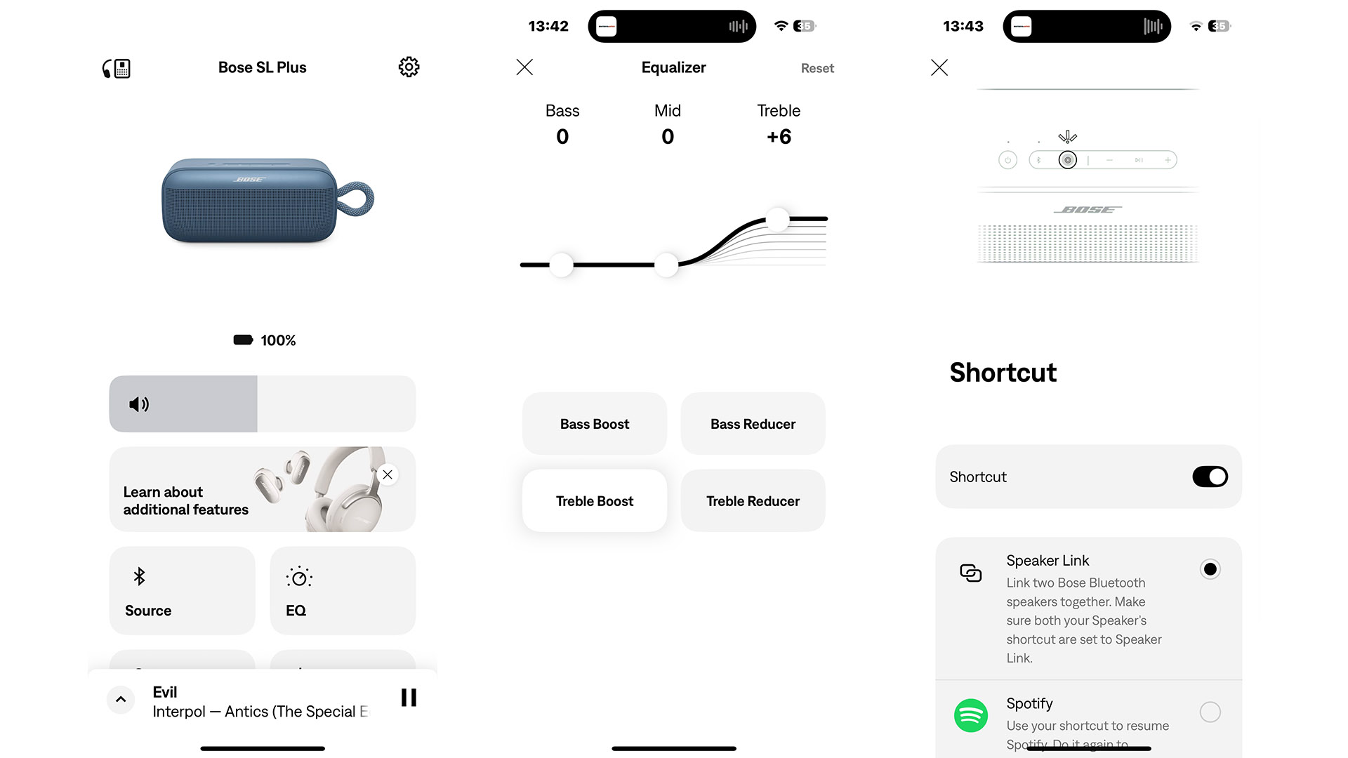 Bose SoundLink Plus wireless speaker app on three smartphone screens