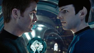 A Screenshot from the 2009 movie "Star Trek" where Spock and Kirk look at each other
