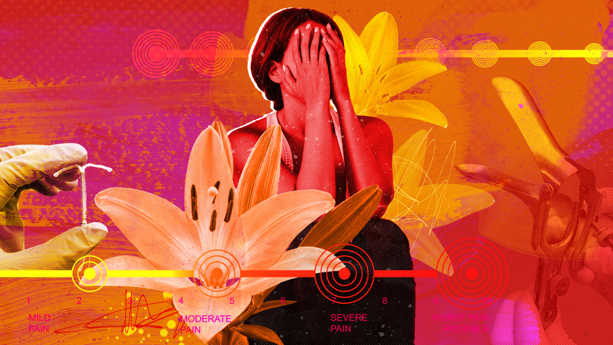Illustration depicting a woman in pain in a health care setting or at the gynecologist 