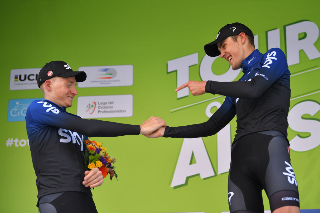 BOLZANO, ITALY - APRIL 26: Podium / Tao Hart Geoghegan of United Kingdom and Team Sky / Pavel Sivakov of Russia and Team Sky / Celebration / during the 43rd Tour of the Alps 2019, Stage 5 a 147,8km stage from Kaltern/Caldaro to Bozen/Bolzano / @Tourof_TheAlps / #TotA / on April 26, 2019 in Bolzano, Italy. (Photo by Tim de Waele/Getty Images)
