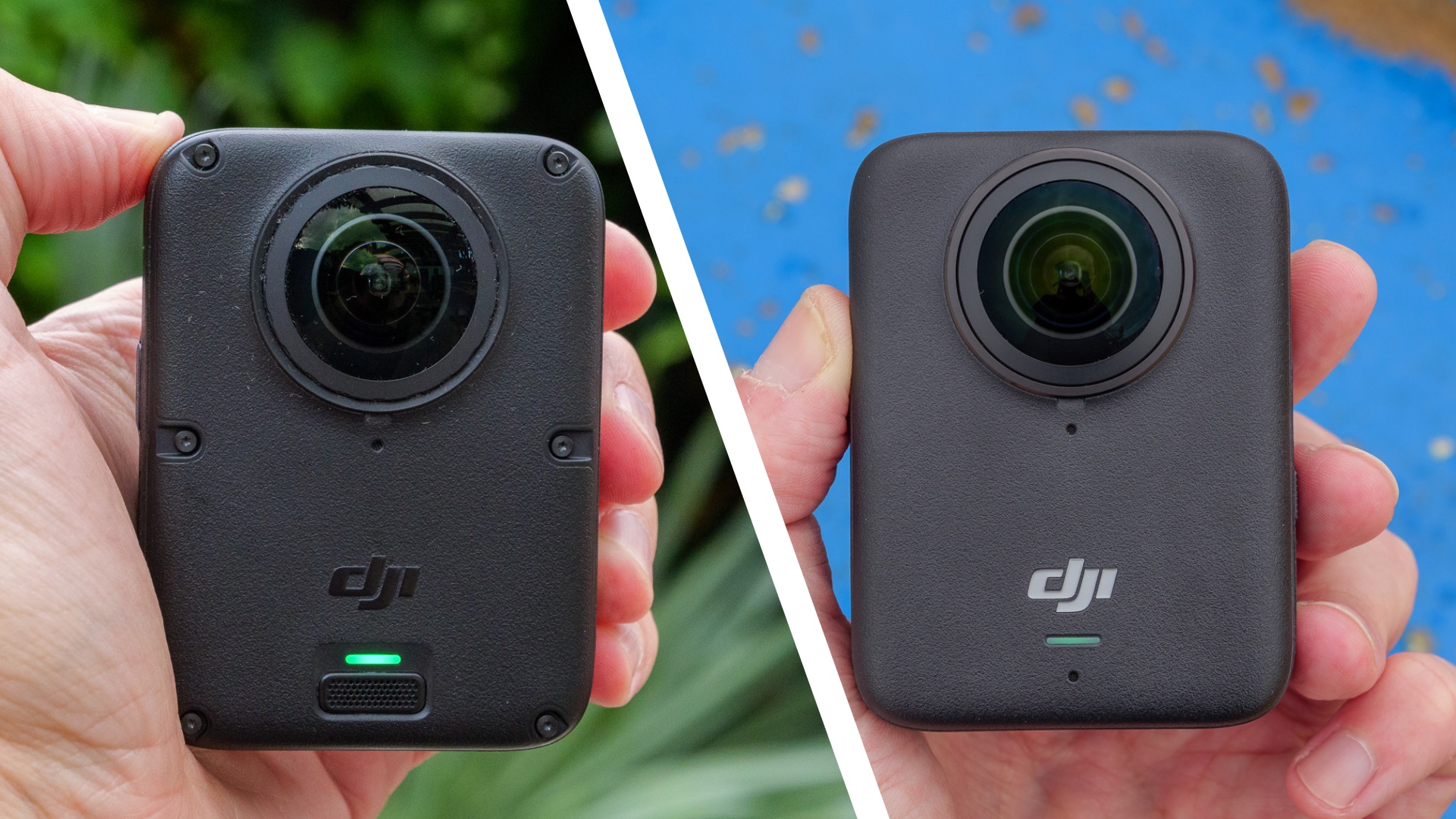 DJI Osmo 360 II camera in user's hand (left), DJI Osmo 360 camera in user's hand (right)