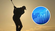 Silhouette of a golfer hitting an iron shot and an inset image of a data graph