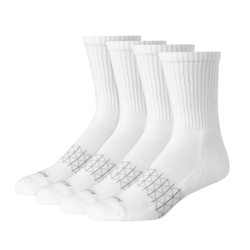 Hanes Men's Absolute Active Cushioned Crew, Moisture Wicking Socks, Seamless Toe, 4-Pack, White, 6-12
