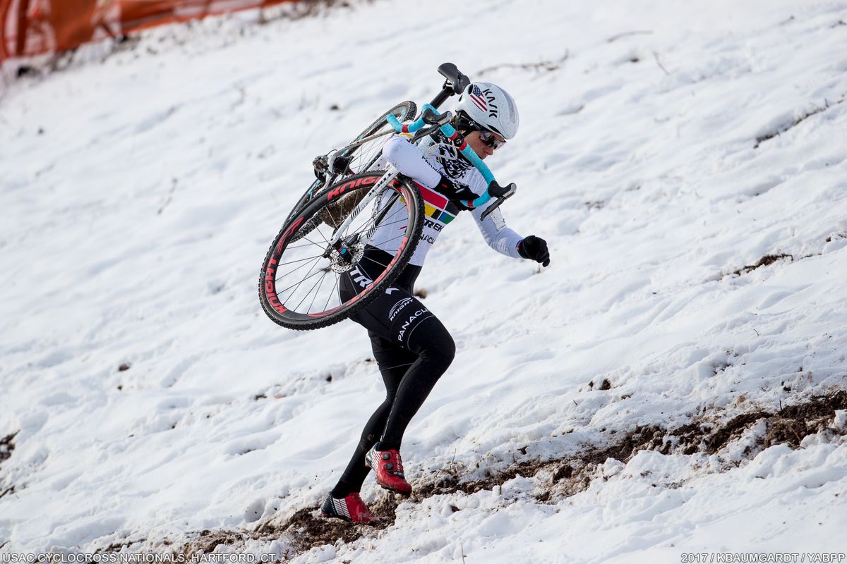 Compton takes the high route up Bonk Breaker hill.