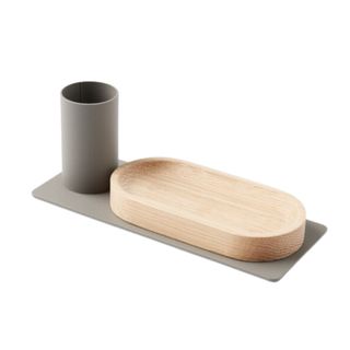 Minimal desk organizer with wooden tray