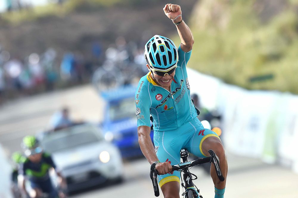 Miguel A. Lopez crosses the finish line to win stage 6 at the Tour de San Luis