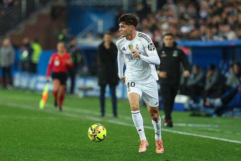 Victor Valdepenas of Real Madrid CF in action during the Spanish League, LaLiga EA Sports, football match played between Deportivo Alaves and Real Madrid at Mendizorroza Stadium on December 14, 2025, in Vitoria, Spain.