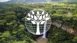 A lush green landscape featuring a waterfall, with a white tree and globe symbol overlay, symbolizing environmental conservation