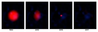 This orphan gamma-ray burst flared and died out over a period of 25 years. Its peak brightness in 1993 was more than 50 times its brightness today. 