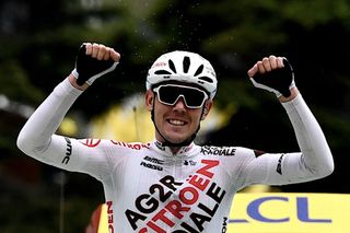 Stage winner Team AG2R Citroens Ben OConnor of Australia celebrates as he crosses the finish line at the end of the 9th stage of the 108th edition of the Tour de France cycling race 144 km between Cluses and Tignes on July 04 2021 Photo by Philippe LOPEZ AFP Photo by PHILIPPE LOPEZAFP via Getty Images