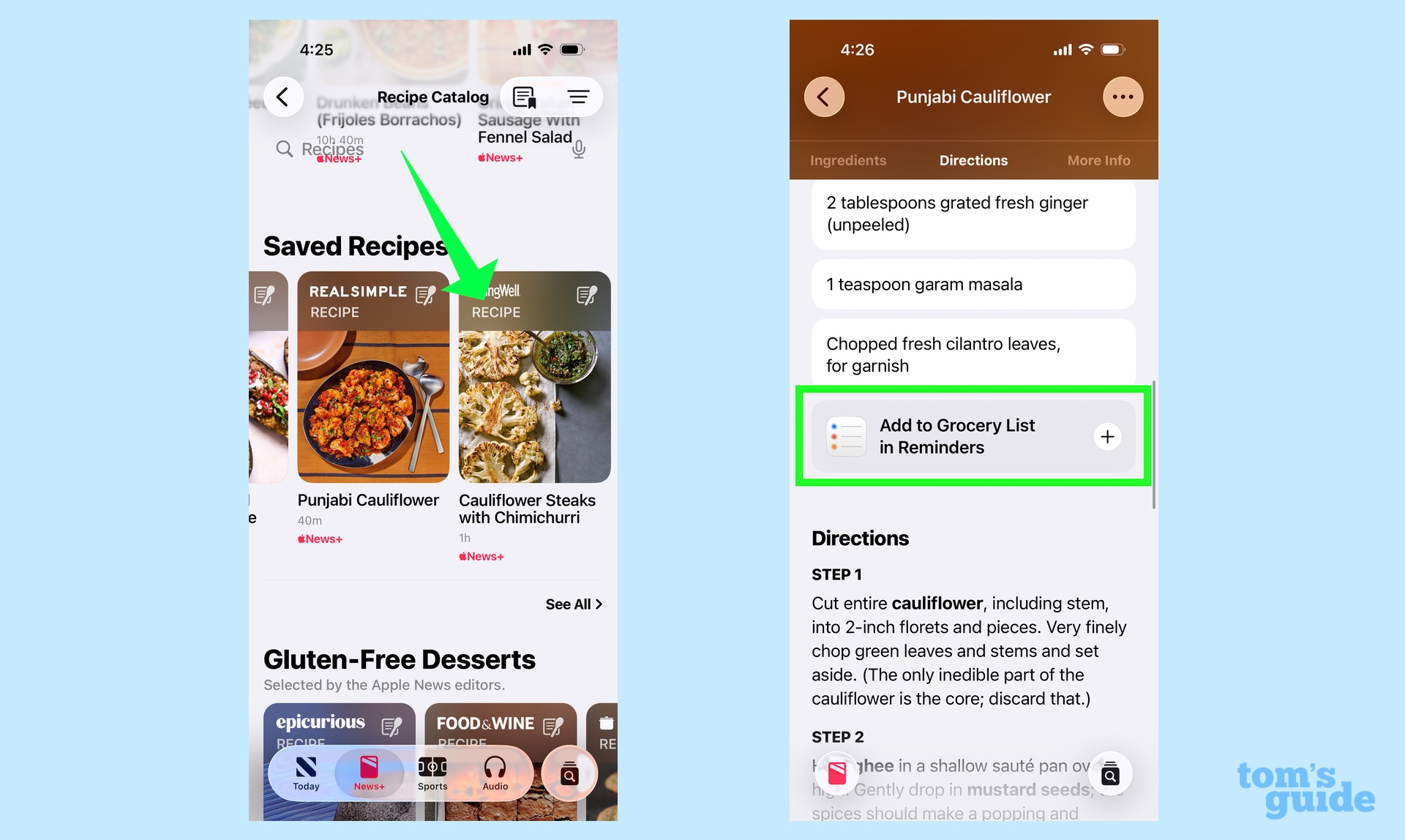 adding ingredients from an Apple News Plus recipe to Reminders