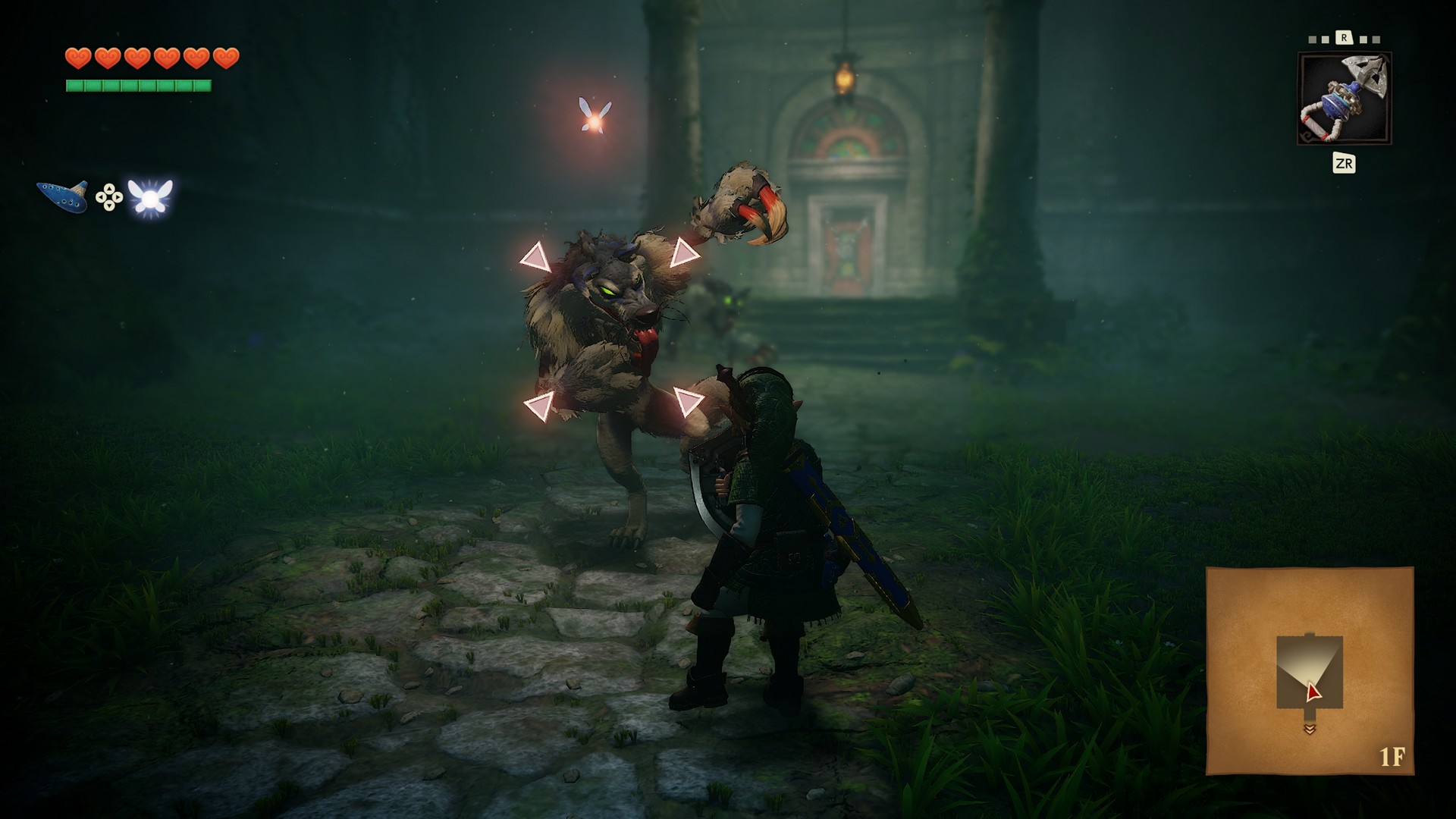 Link targets an attacking enemy wolf create within the Forest Temple in The Legend of Zelda: Ocarina of Time remake