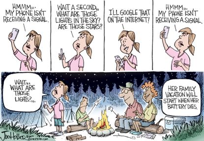 Editorial Cartoon U.S. Summer Camping Disconnect from Technology