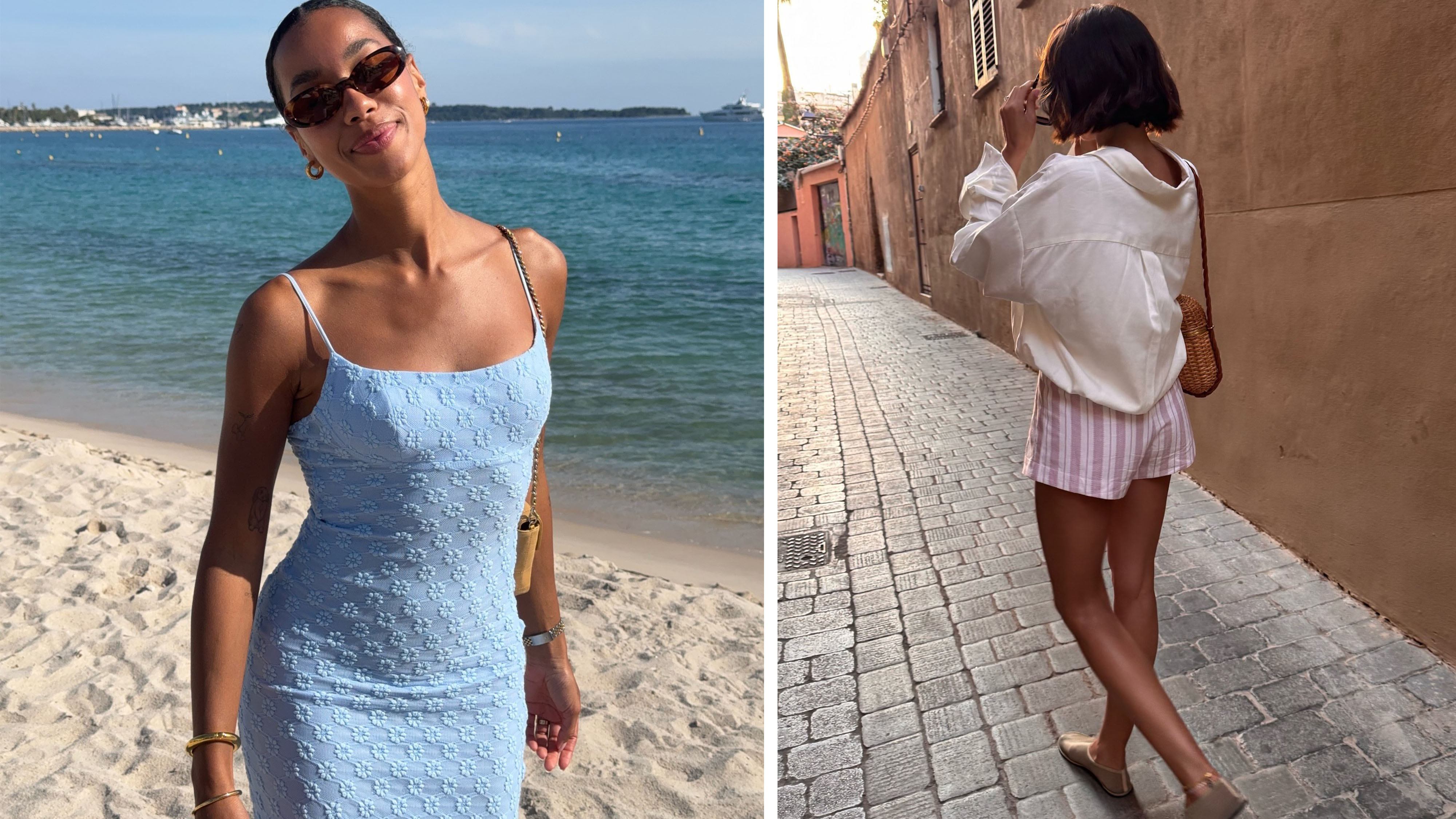 Woman in pale blue dress and woman in pink shorts and white shirt.