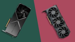An RTX 4080 Super vs RX 7900 XTX against a two tone background