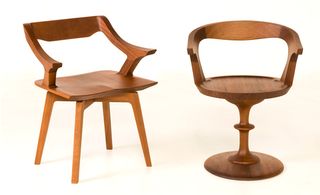 Two wooden chairs, one with pedestal base