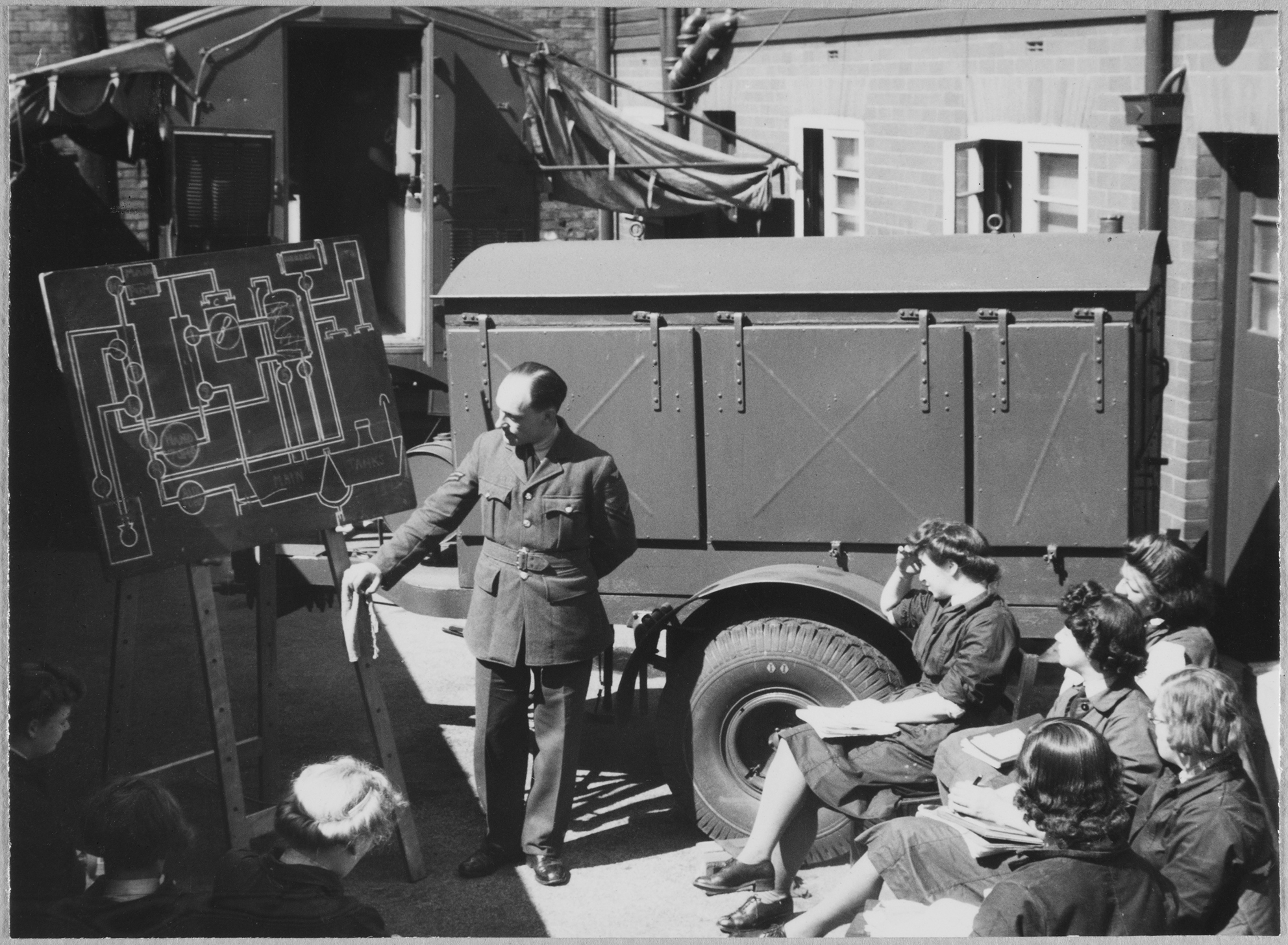 An RAF officer instructing a group of Women's Auxiliary Air Force (WAAF) trainees in the use of the mobile photographic darkroom, at the No.2 School of Photography in Blackpool