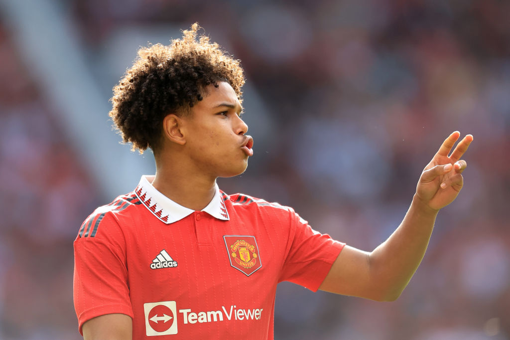 Shola Shoretire of Manchester United gestures during the pre-season friendly match between Manchester United and Rayo Vallecano at Old Trafford on July 31, 2022 in Manchester, England.