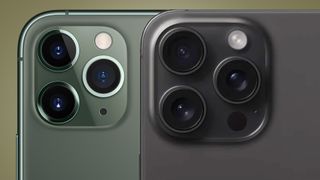 The iPhone 11 Pro next to the iPhone 15 Pro Max on a green background