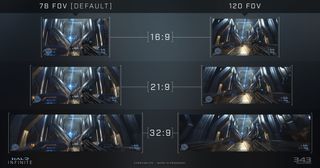Halo Infinite display settings showing options for 16:9, 21:9, and 32:9 options.