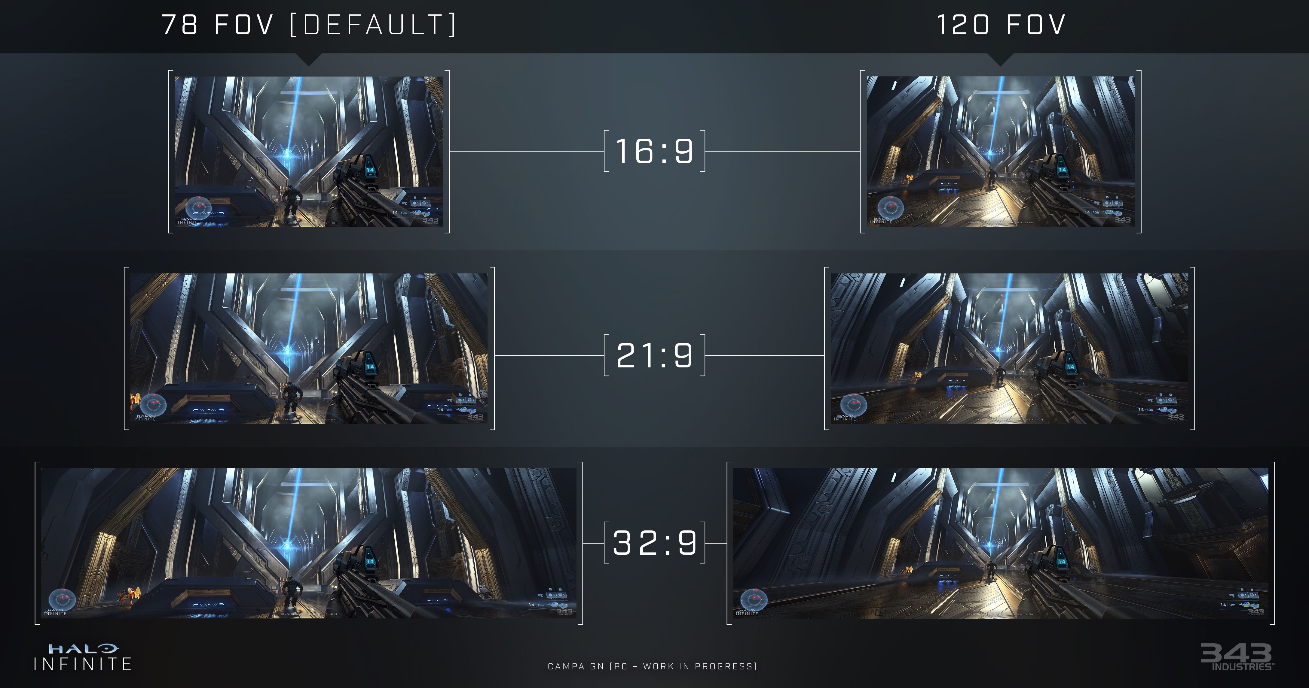 Halo Infinite display settings showing options for 16:9, 21:9, and 32:9 options.