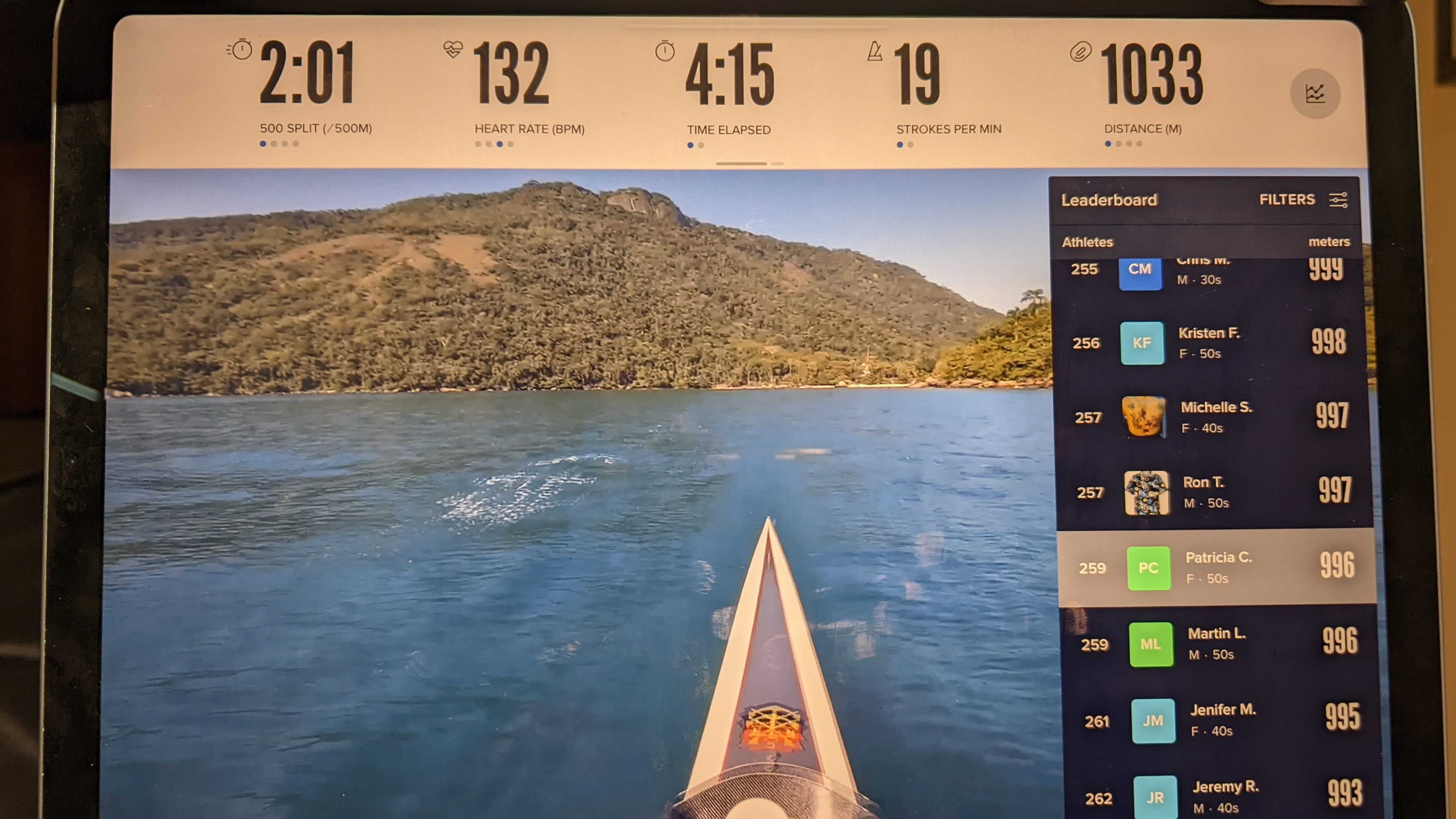 Screenshot of iFit rowing workout leaderboard